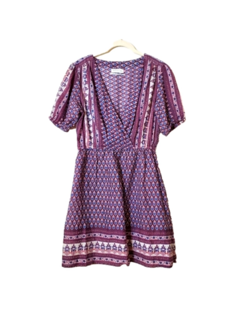 URBAN OUTFITTERS Indian Pront Mini Puff Sleeve Boho Wrap-Style Dress(L)